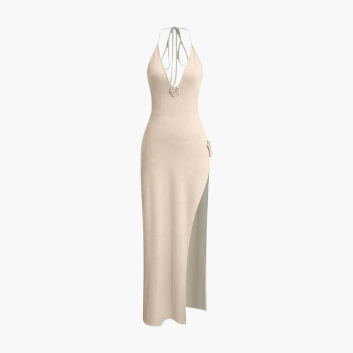 Women’s Halter Maxi Dress with Backless Design and Side Slit