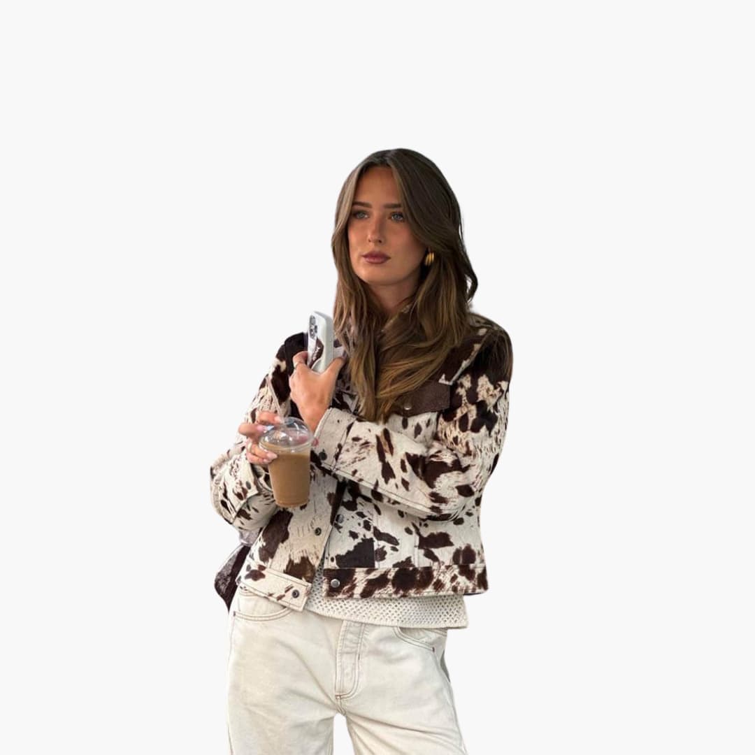 Women’s Denim Jacket with Cow Print and Button-Up Front
