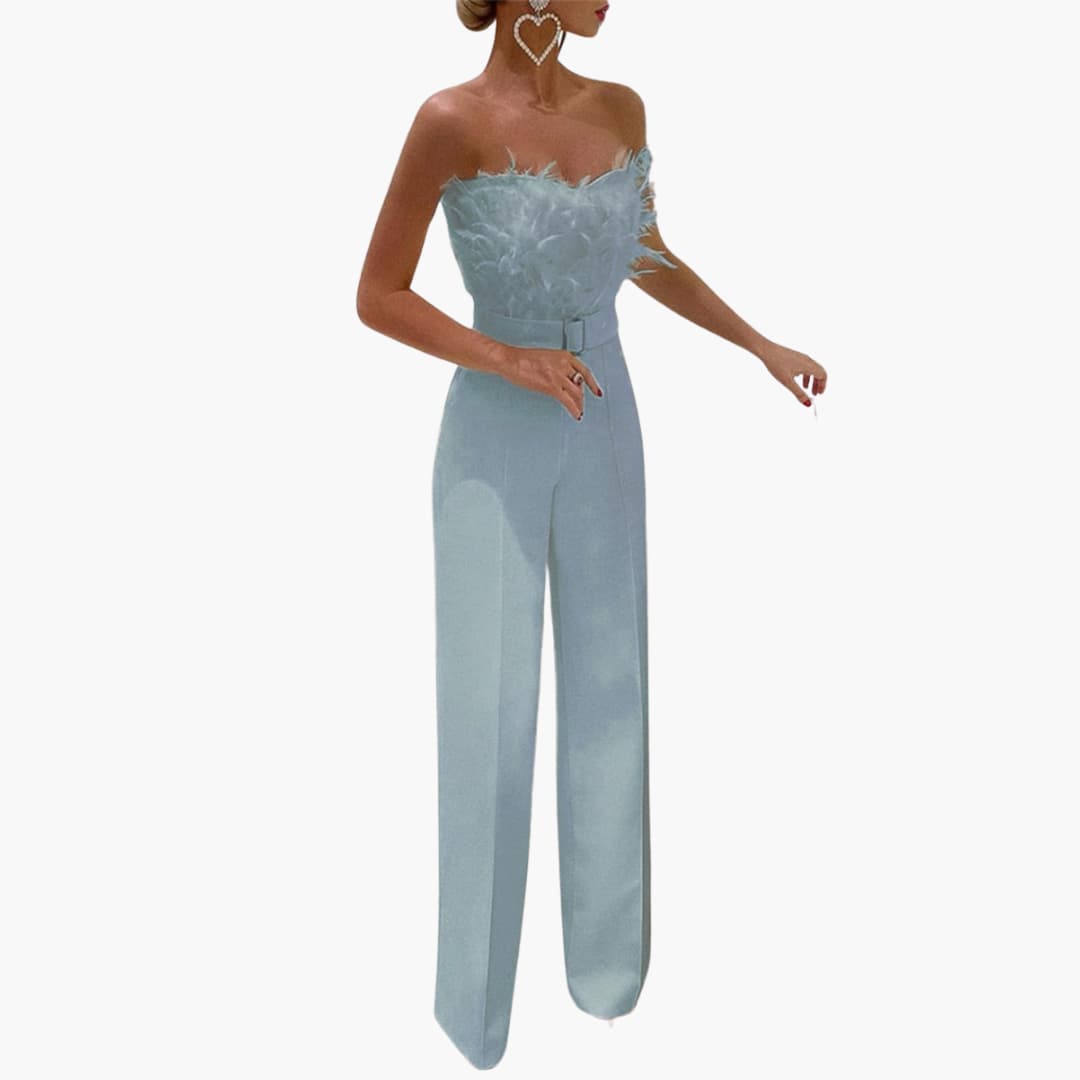 Women’s Strapless Jumpsuit with Feather Top and Wide Legs