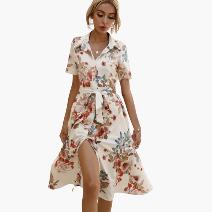 Women’s Floral Shirt Dress with Waist Tie and Button-Down Front