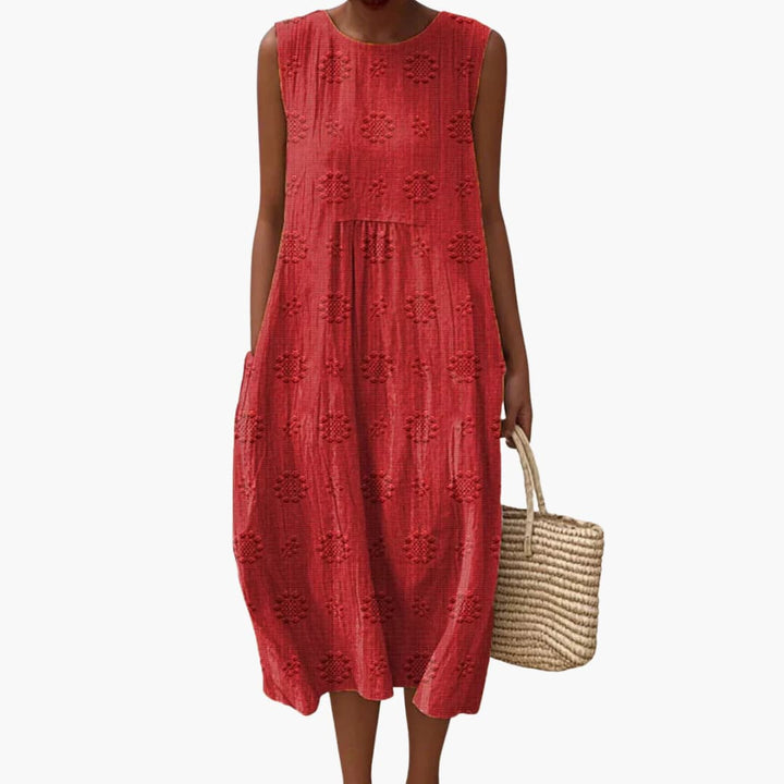 Women’s Sleeveless Midi Dress with Floral Pattern and Side Pockets