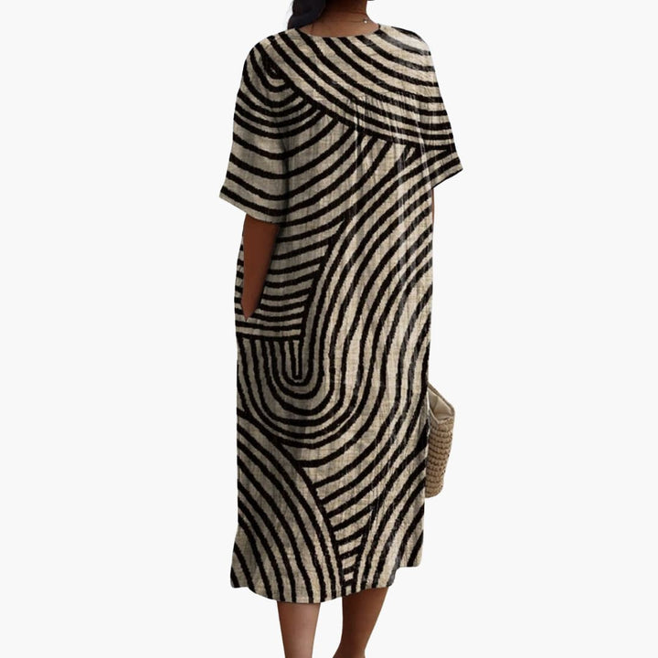 Women’s V-Neck Midi Dress with Short Sleeves and Graphic Line Pattern