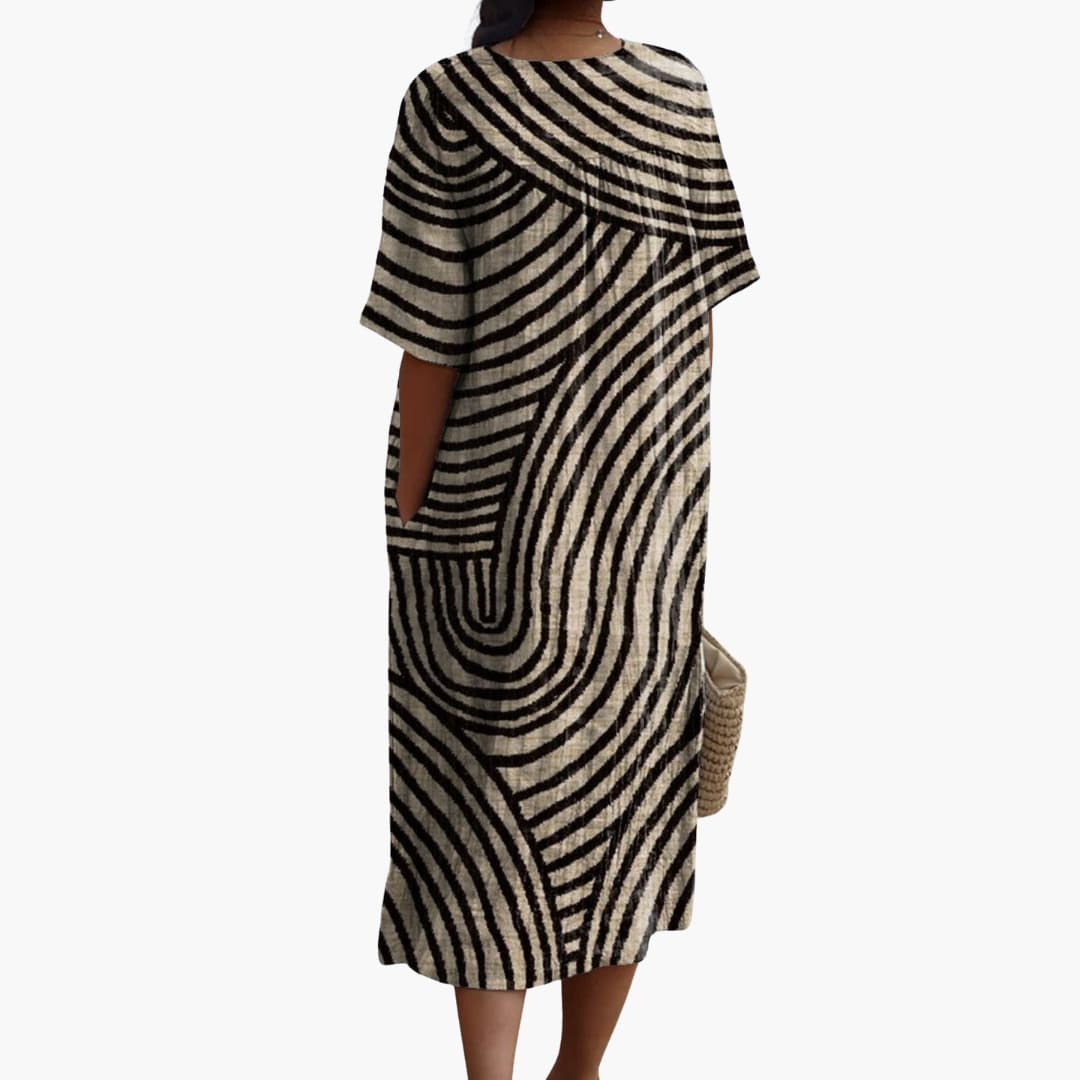 Women’s V-Neck Midi Dress with Short Sleeves and Graphic Line Pattern