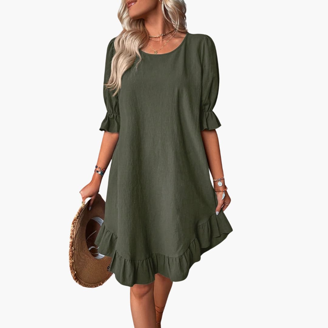 Women’s Midi Dress with Puff Sleeves and Ruffle Hem