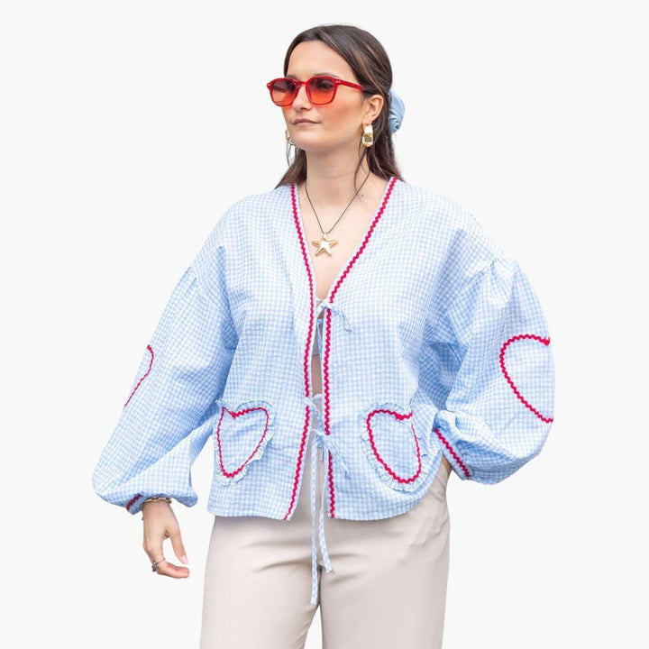 Women’s Blouse with Gingham Pattern and Tie-Front Detail