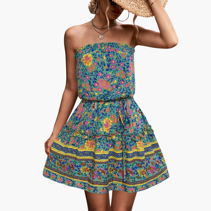 Women’s Strapless with Floral Mini Dress and Adjustable Drawstring