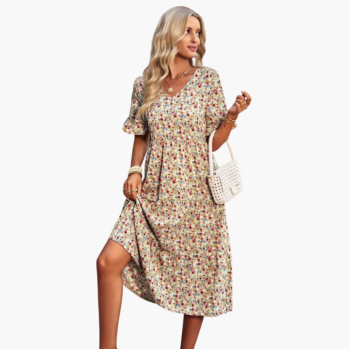 Women’s Midi Dress with V-Neckline and Floral Print