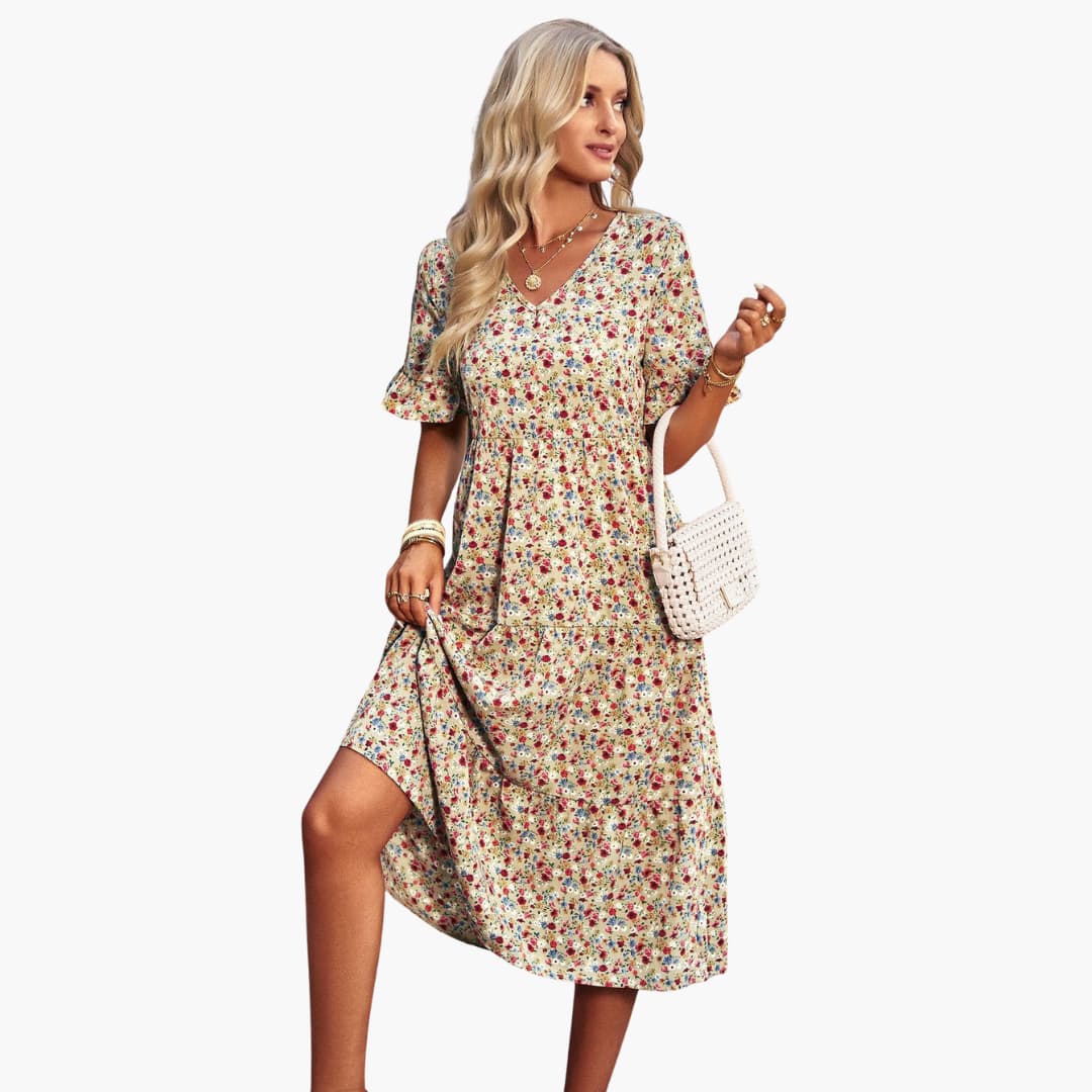 Women’s Midi Dress with V-Neckline and Floral Print