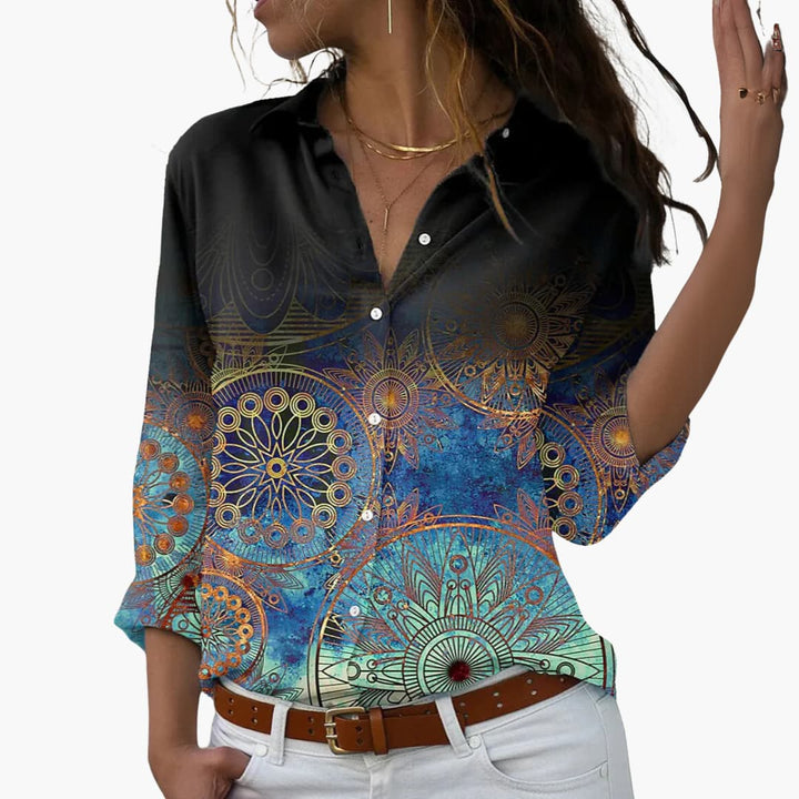 Women’s Floral and Color Block Blouse with Collar