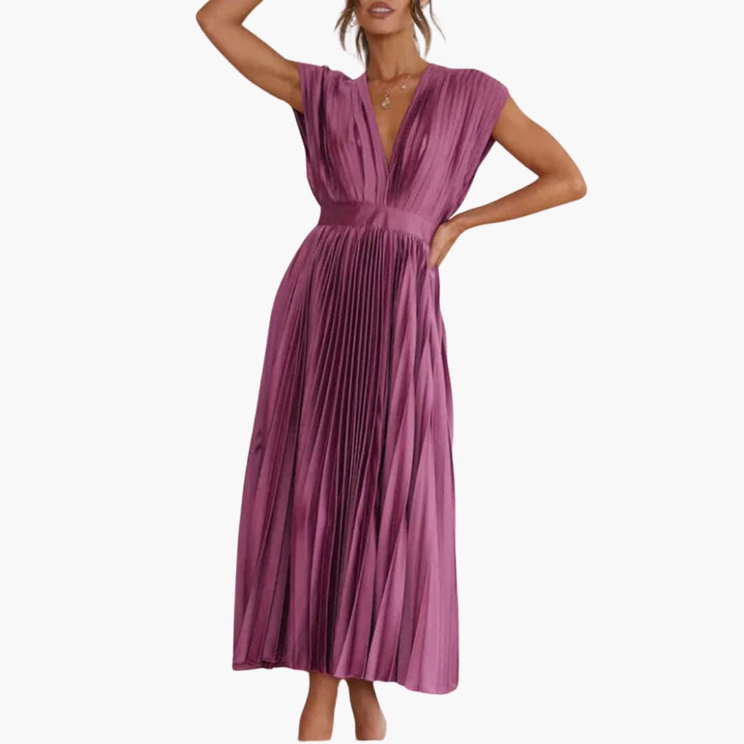 Women’s Midi Dress with Pleated Design and Cap Sleeves