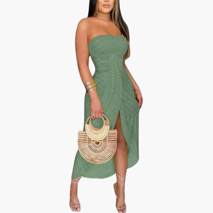 Women’s Strapless Midi Dress with Front Slit and Embroidery