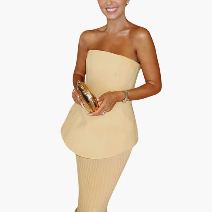Women’s strapless maxi dress with peplum bodice and pleated skirt