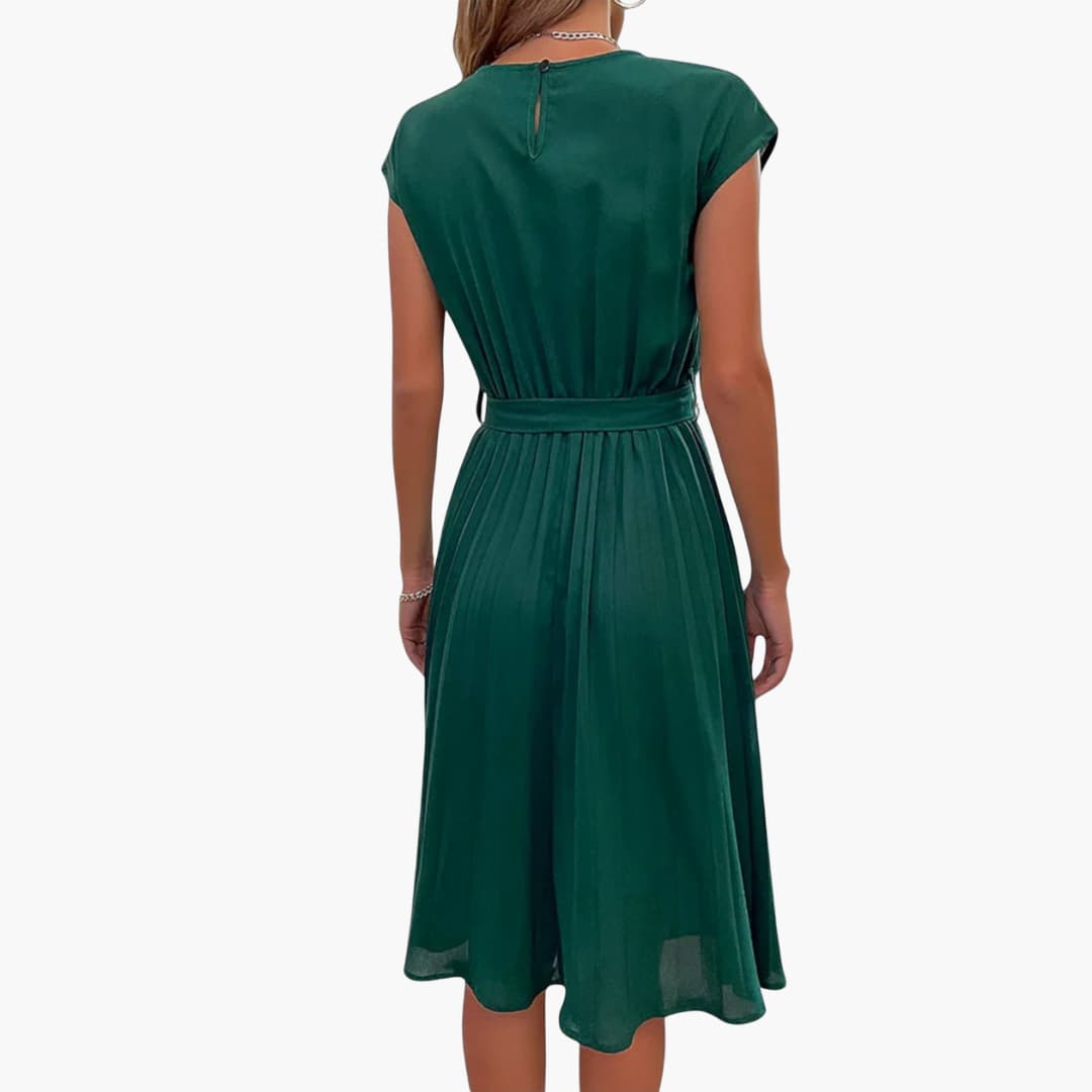 Women’s Casual Midi Dress with Pleated Skirt and Tie Waist