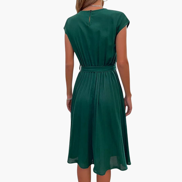 Women’s Casual Midi Dress with Pleated Skirt and Tie Waist