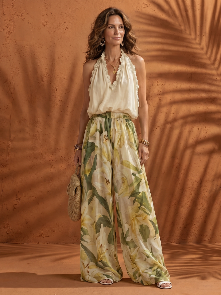 Solange | Halter Neck Blouse Floral Wide Leg Set