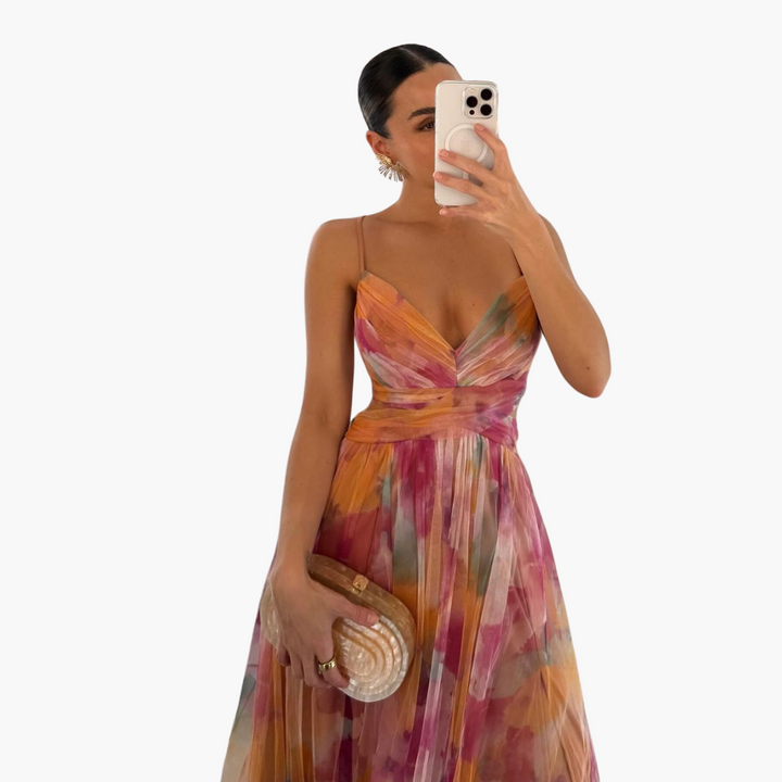 Women’s Maxi Dress with Floral Print and Fitted Waist