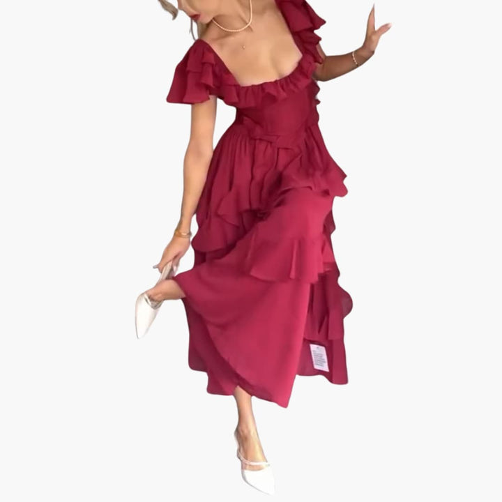 Women’s Midi Dress with Square Neck and Ruffle Sleeves