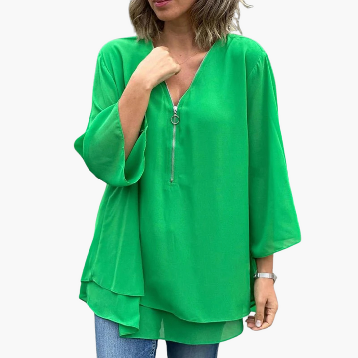 Half-Zip V-Neck Top for Women - Long Sleeve &amp; Casual Chic