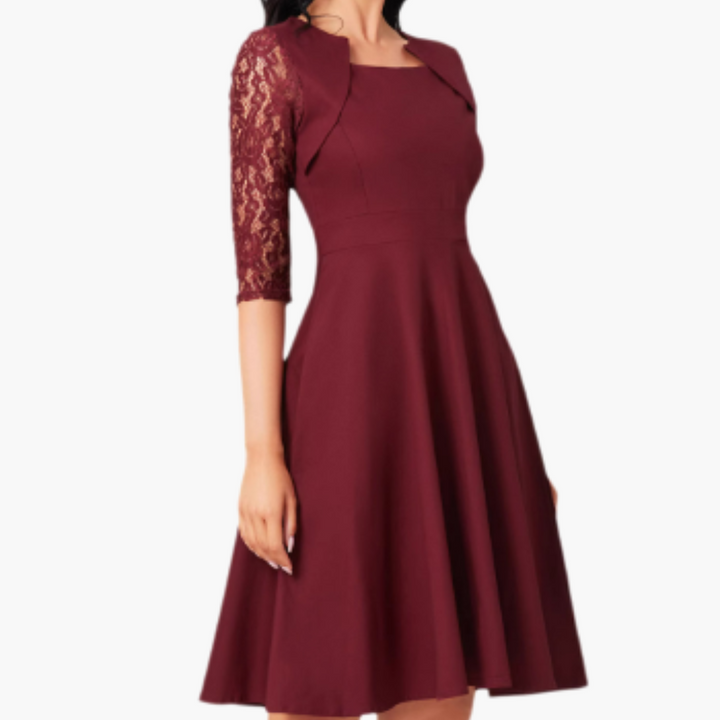 Women’s A - Line Dress with Lace Sleeves and Flared Skirt