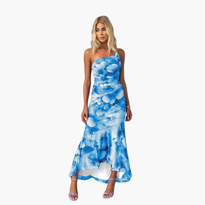 Women’s Midi Dress with Floral Print and Asymmetrical Hem