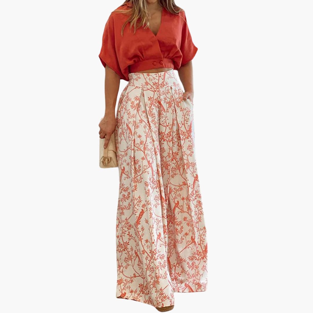 Women’s two-piece set with puff sleeve top and palazzo Pants