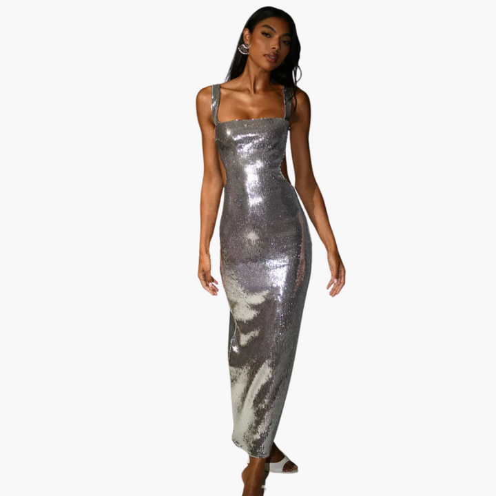 Women’s Evening Gown with Square Neck and Sequin Detailing
