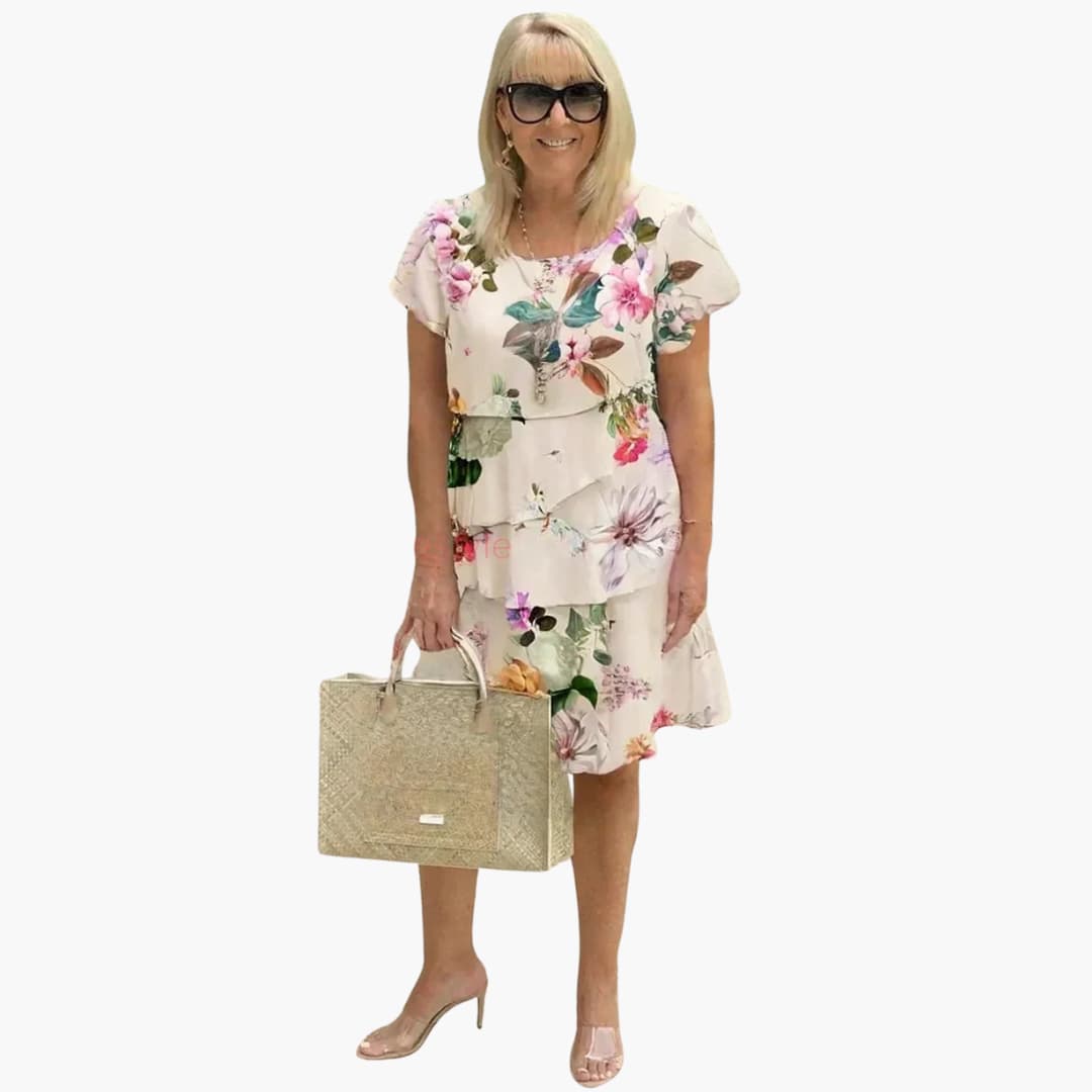 Women’s Ruffled Floral Dress with Short Sleeves and Round Neckline
