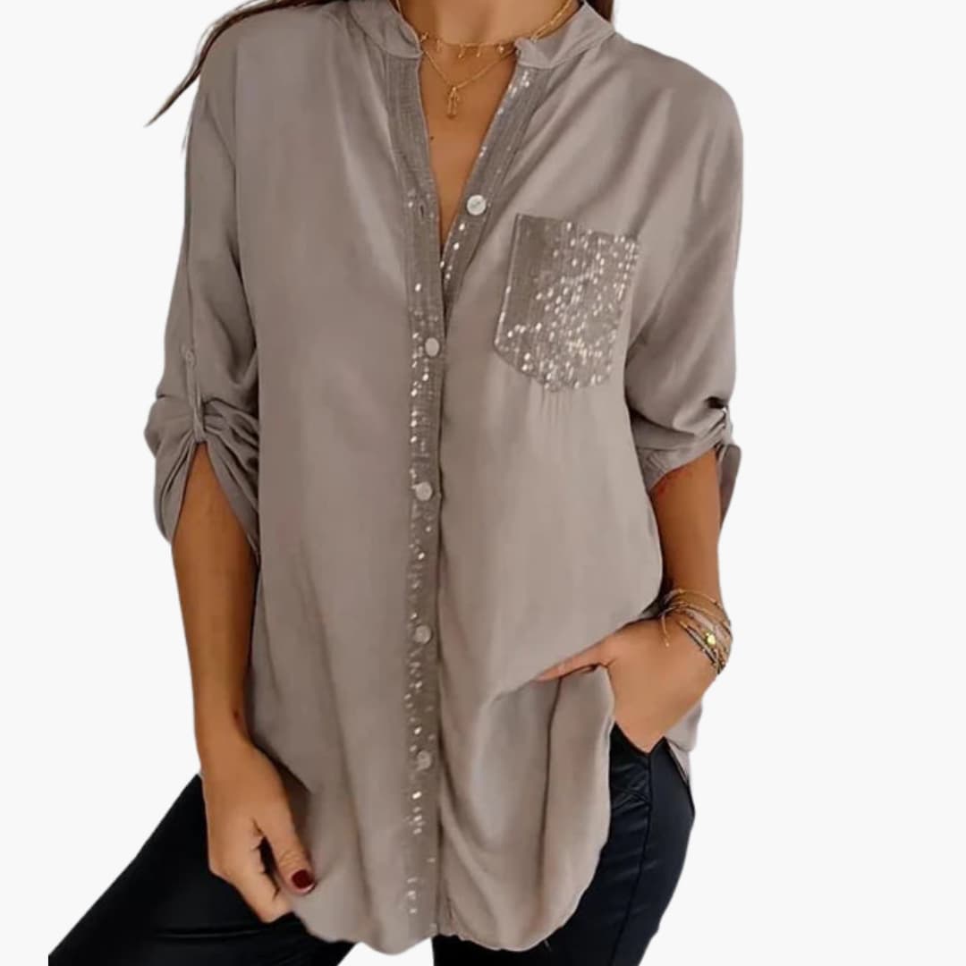 Women’s Long-Sleeve Blouse with V-Neck and Sequins
