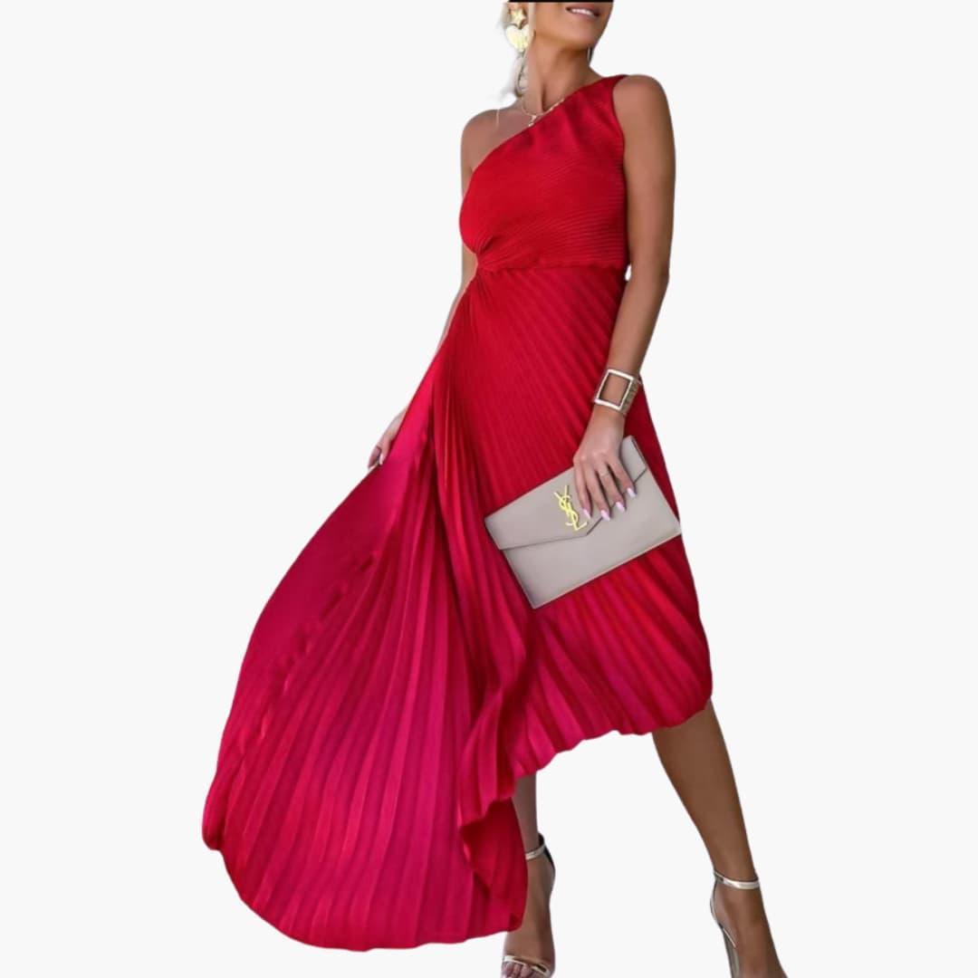Women’s Asymmetrical Cocktail Dress with One-Shoulder Cut and Pleated Design