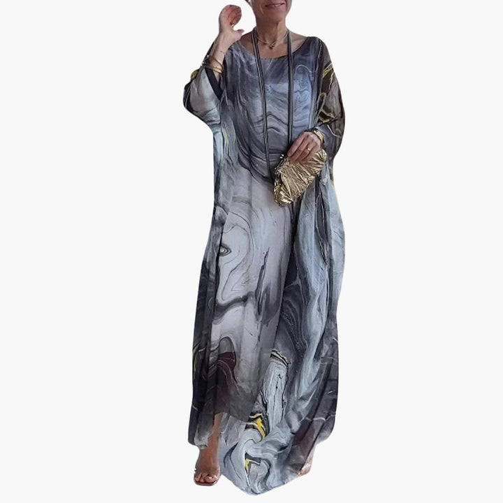 Women’s Maxi Dress with Batwing Sleeves and Round Neckline