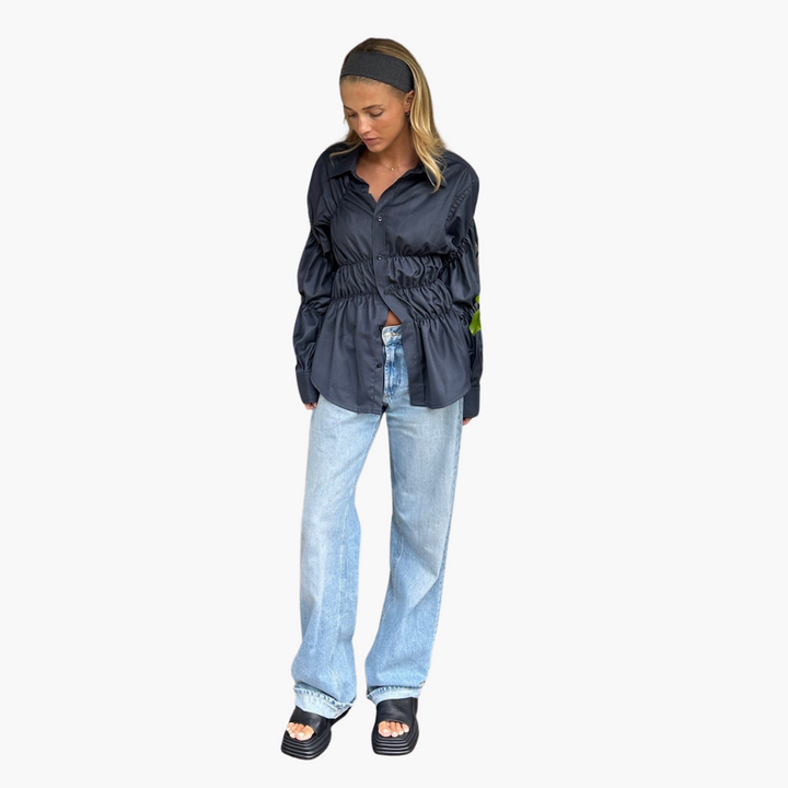 Women’s Blouse with Puff Sleeves and Ruched Front