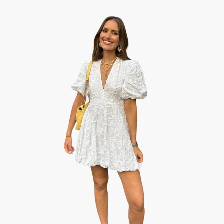 Women’s Round Neck Mini Dress with Puff Sleeves