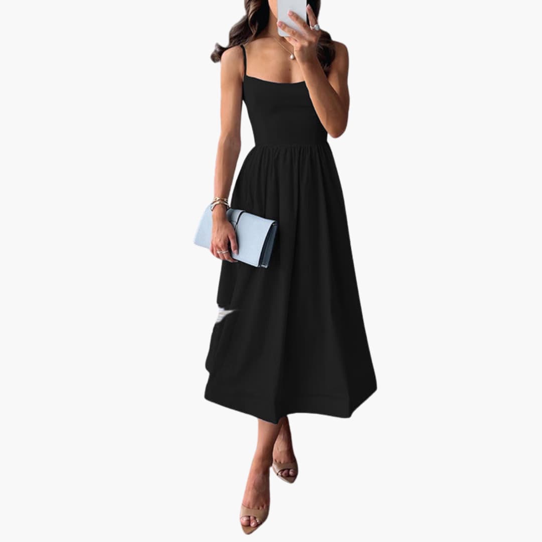 Women’s Midi Dress with Adjustable Straps and A Line Skirt