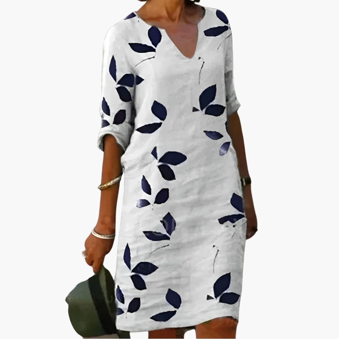 Women’s Short Dress with V-Neckline and Rolled Sleeves