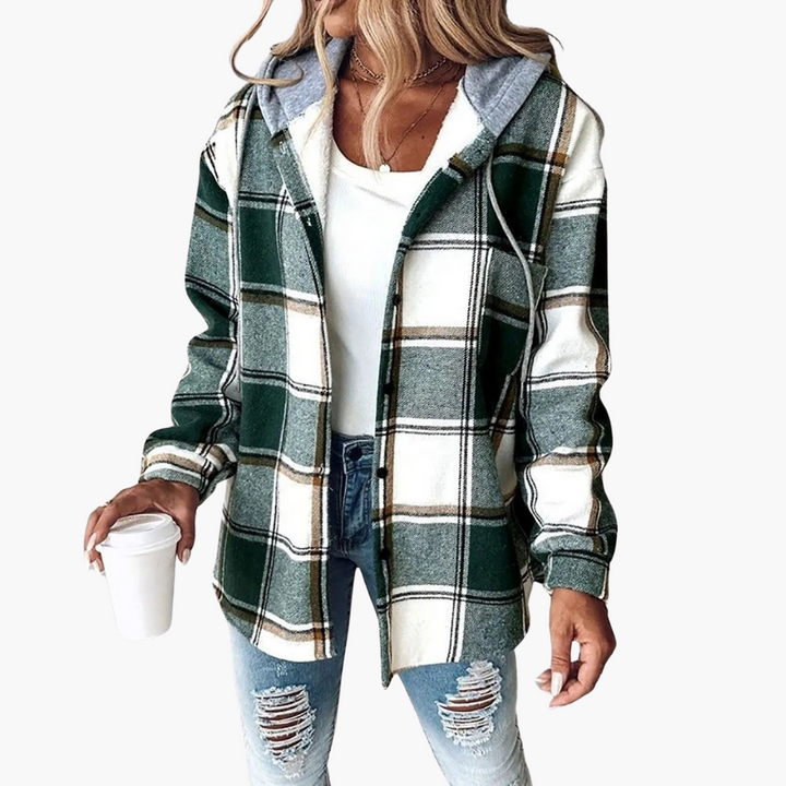 Women’s Plaid Flannel Shacket with Hood and Button-Up Front