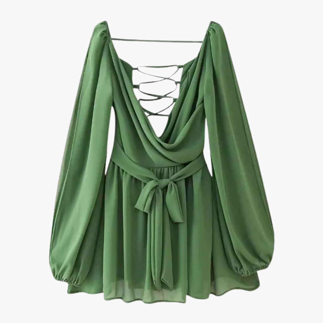 Women’s Airy Summer Mini Dress with Tie Waist and Balloon Sleeves