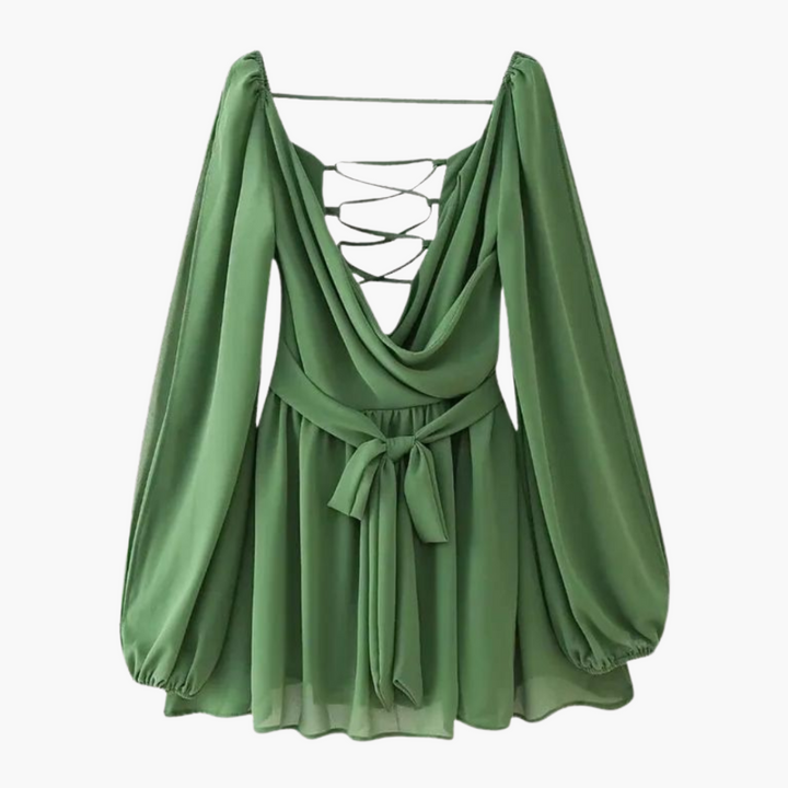 Women’s Airy Summer Mini Dress with Tie Waist and Balloon Sleeves
