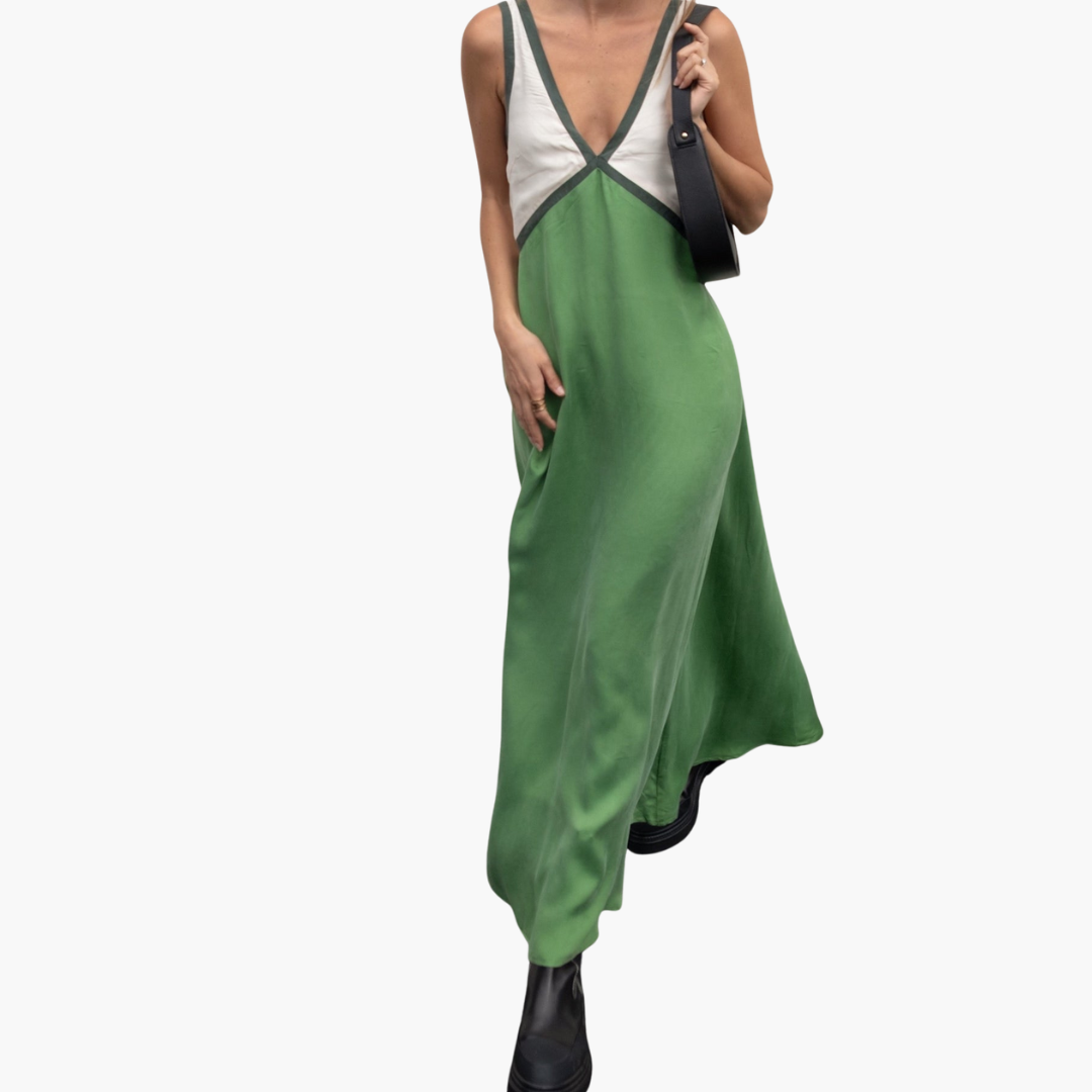 Women’s Maxi Dress with V-Neck and Color-Block Design