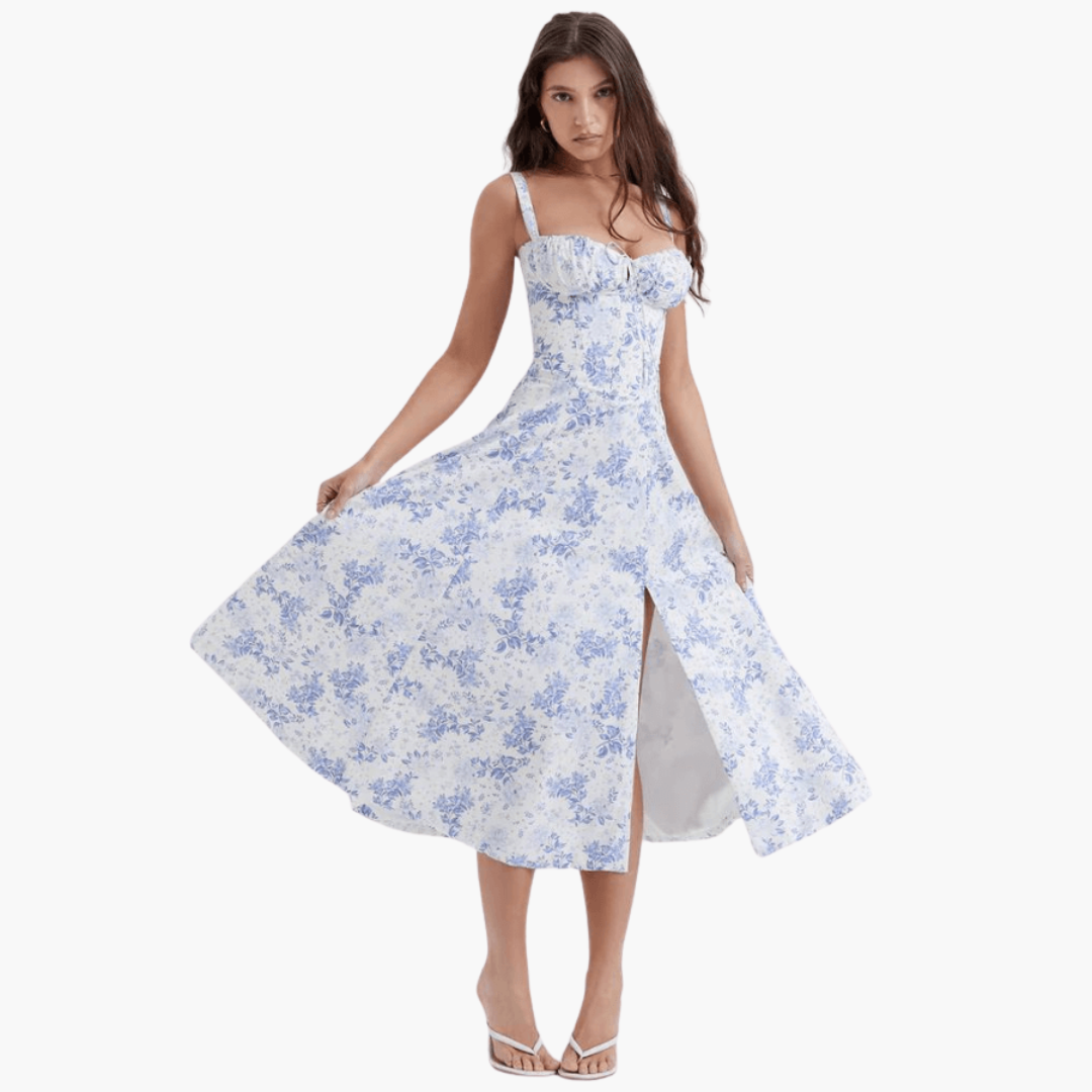Women’s Midi Dress with Corset Waist and Floral Print