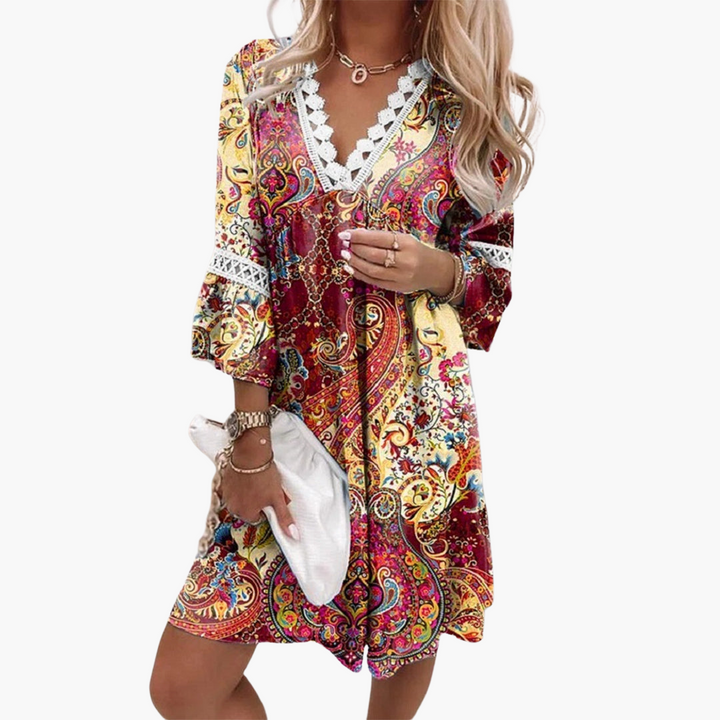 Women’s Mini Dress with Lace Trim and Floral Print
