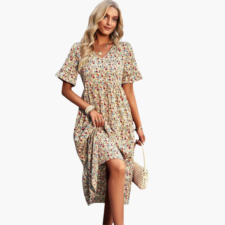 Women’s Midi Dress with V‑Neck and Gathered Waist