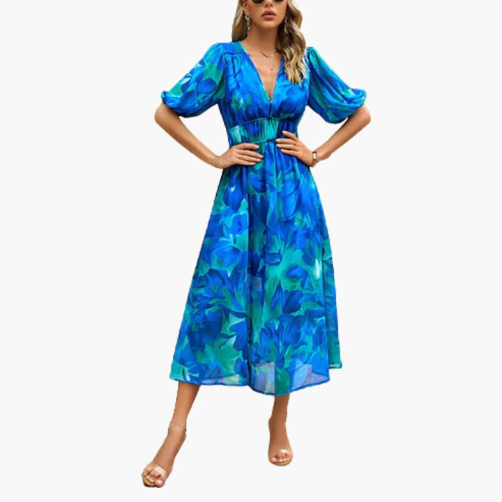 Women’s Midi Dress with Lantern Sleeves and Flared Skirt