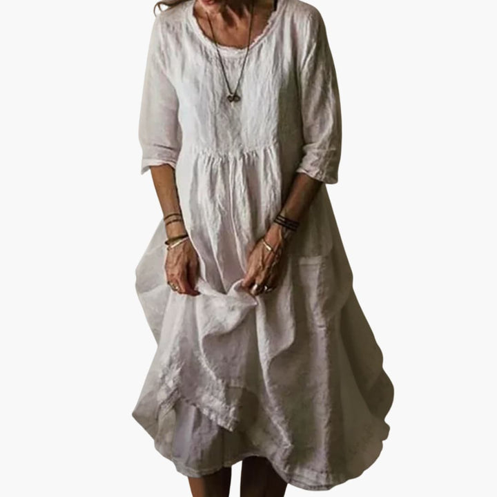 Women’s Midi Dress with Pleated Bodice and Asymmetrical Hemline