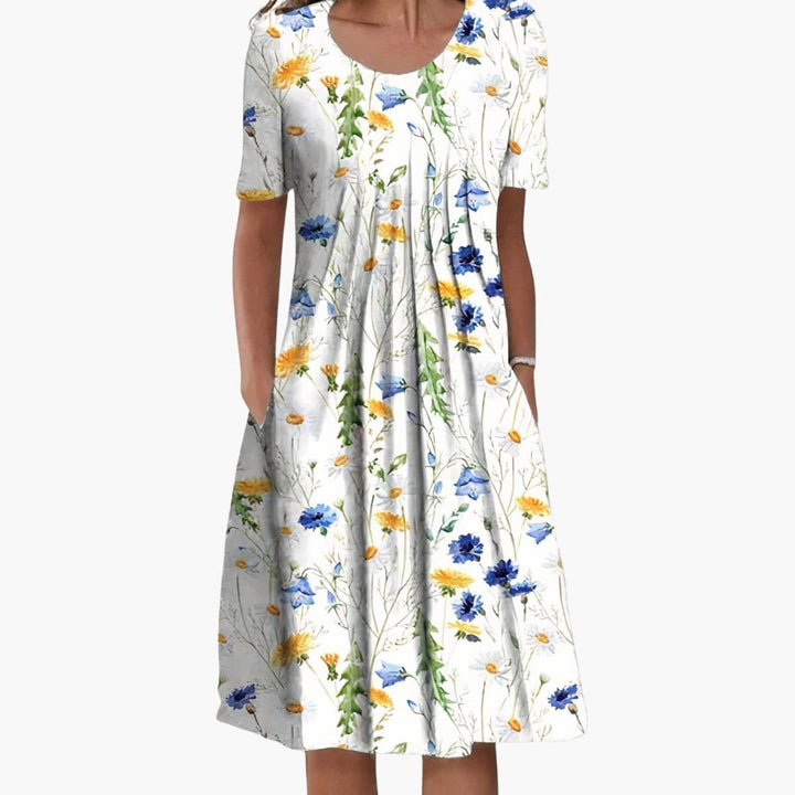Women’s Floral Midi Dress with Ruffle Detailing and Side Pockets