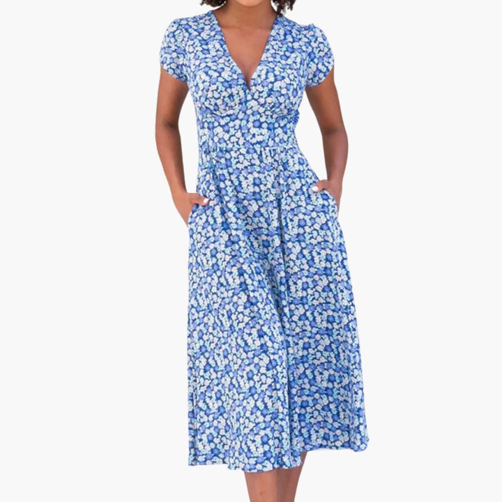 Women’s Midi Dress with Button-Front and Side Pockets