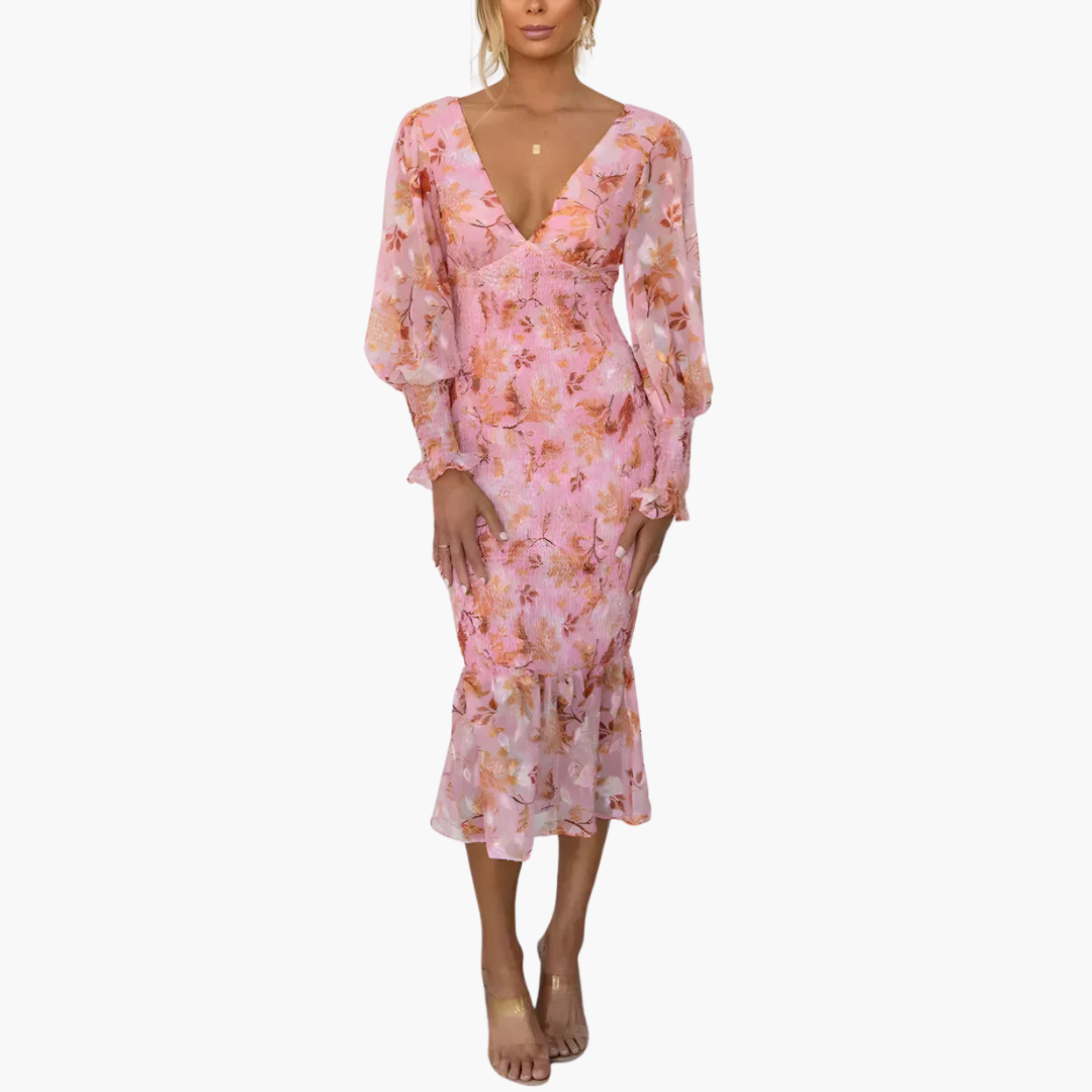 Women’s Midi Dress with V-Neck and Puff Sleeves