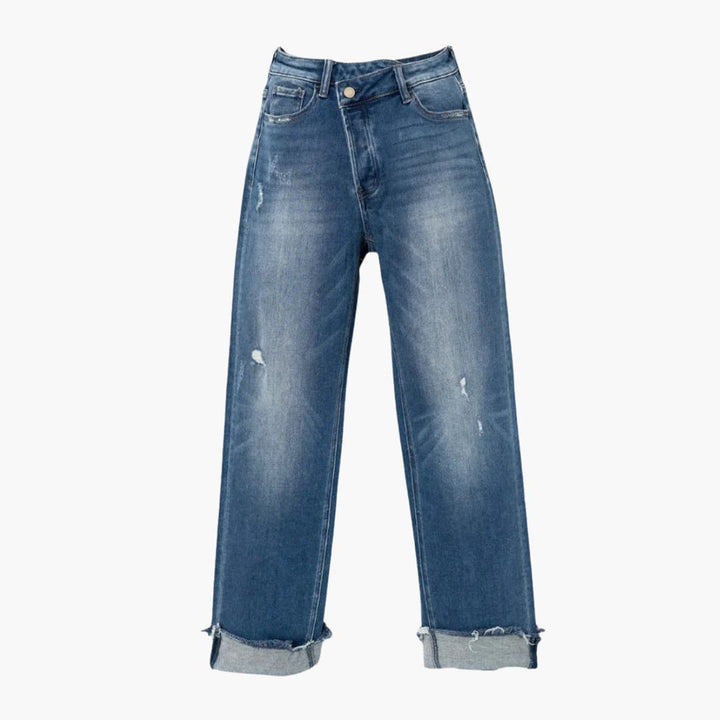 Women’s Straight-Leg Jeans with High Waist and Cuffed Hems