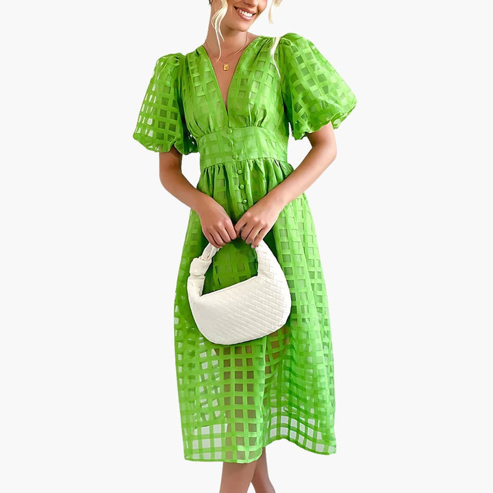 Women’s Midi Dress with Grid Overlay and Buttons