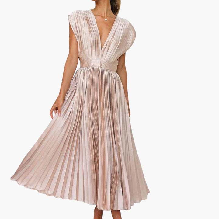 Women’s Midi Dress with V-Neck and Pleated Skirt