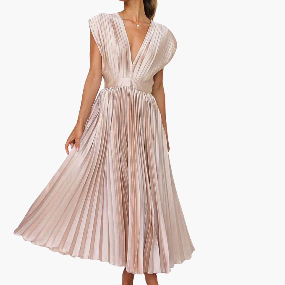 Women’s Midi Dress with Pleated Design and Cap Sleeves